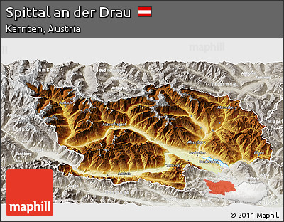 Physical 3D Map of Spittal An Der Drau, lighten, semi-desaturated