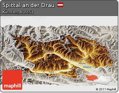 Physical 3D Map of Spittal An Der Drau, lighten, semi-desaturated