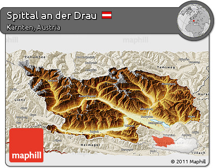 Physical 3D Map of Spittal An Der Drau, shaded relief outside