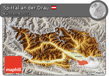 Physical Map of Spittal An Der Drau, lighten, semi-desaturated