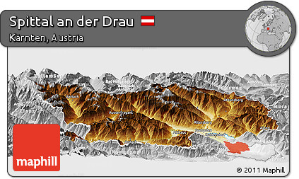 Physical Panoramic Map of Spittal An Der Drau, lighten, desaturated