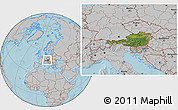 Satellite Location Map of Austria, gray outside, hill shading