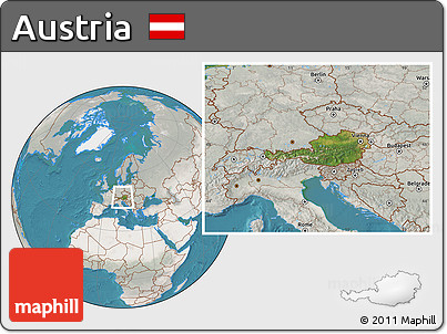Satellite Location Map of Austria, lighten, semi-desaturated, land only
