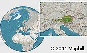 Satellite Location Map of Austria, lighten, semi-desaturated, land only