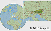 Satellite Location Map of Austria, savanna style outside, hill shading