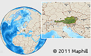 Satellite Location Map of Austria, shaded relief outside