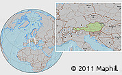Savanna Style Location Map of Austria, gray outside, hill shading outside