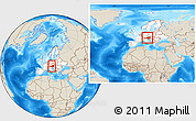 Shaded Relief Location Map of Austria, highlighted continent, within the entire continent