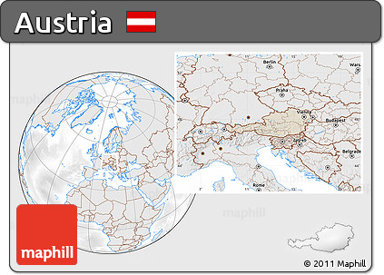 Shaded Relief Location Map of Austria, lighten, desaturated