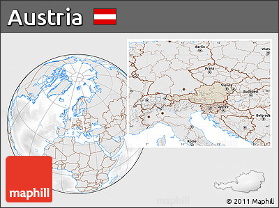 Shaded Relief Location Map of Austria, lighten, desaturated