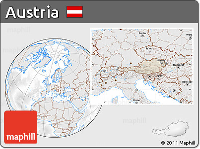 Shaded Relief Location Map of Austria, lighten, desaturated