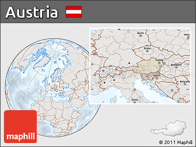 Shaded Relief Location Map of Austria, lighten, semi-desaturated