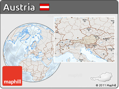 Shaded Relief Location Map of Austria, lighten, semi-desaturated