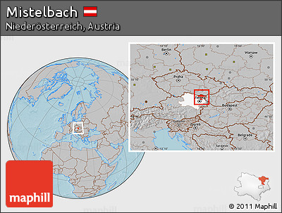 Gray Location Map of Mistelbach, highlighted parent region, hill shading
