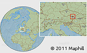 Savanna Style Location Map of Mistelbach, within the entire country, hill shading