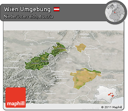 Satellite 3D Map of Wien Umgebung, lighten, semi-desaturated