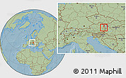 Savanna Style Location Map of Wiener Neustadt, within the entire country, hill shading