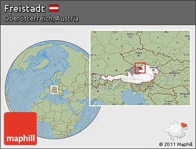 Savanna Style Location Map of Freistadt, highlighted country, highlighted parent region, hill shading