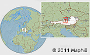 Savanna Style Location Map of Vocklabruck, highlighted country, highlighted parent region, hill shading