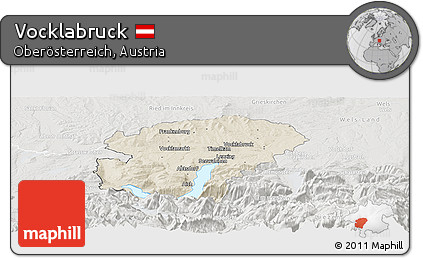 Shaded Relief Panoramic Map of Vocklabruck, lighten, semi-desaturated