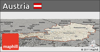 Shaded Relief Panoramic Map of Austria, darken, semi-desaturated