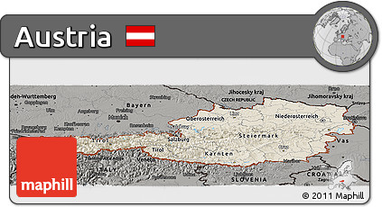 Shaded Relief Panoramic Map of Austria, darken, semi-desaturated