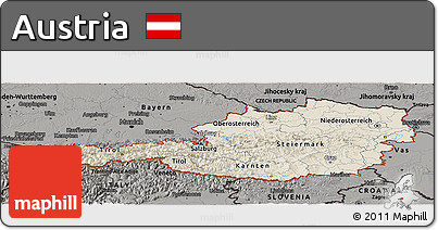 Shaded Relief Panoramic Map of Austria, darken, semi-desaturated