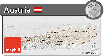 Shaded Relief Panoramic Map of Austria, lighten, semi-desaturated