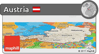 Shaded Relief Panoramic Map of Austria, political outside