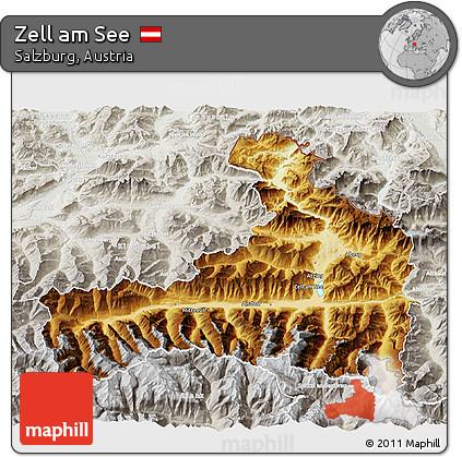 Physical 3D Map of Zell Am See, lighten, semi-desaturated