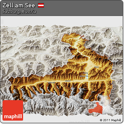 Physical 3D Map of Zell Am See, lighten, semi-desaturated