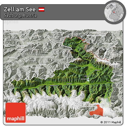 Satellite 3D Map of Zell Am See, lighten, semi-desaturated