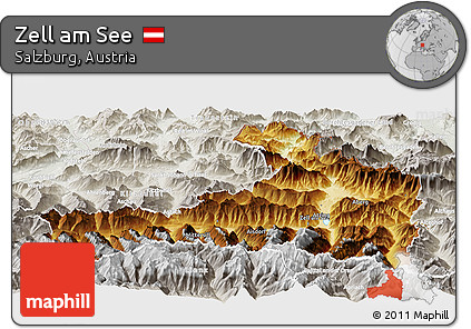 Physical Panoramic Map of Zell Am See, lighten, semi-desaturated