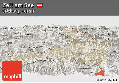 Shaded Relief Panoramic Map of Zell Am See, semi-desaturated