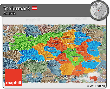 Political 3D Map of Steiermark, semi-desaturated