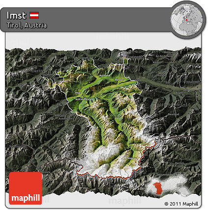 Satellite 3D Map of Imst, darken, semi-desaturated