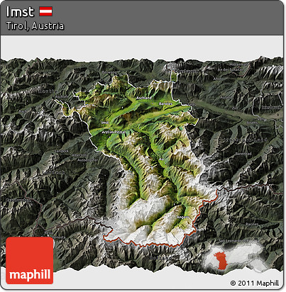 Satellite 3D Map of Imst, darken, semi-desaturated