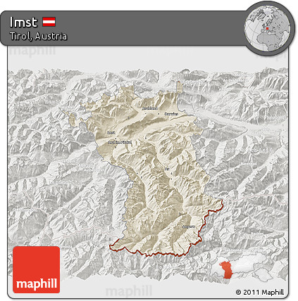 Shaded Relief 3D Map of Imst, lighten, semi-desaturated
