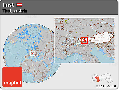 Gray Location Map of Imst, highlighted country, hill shading