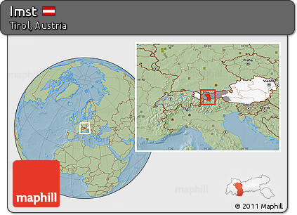 Savanna Style Location Map of Imst, highlighted country, highlighted parent region, hill shading