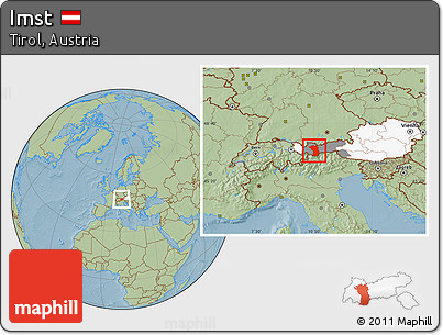 Savanna Style Location Map of Imst, highlighted country, highlighted parent region, hill shading