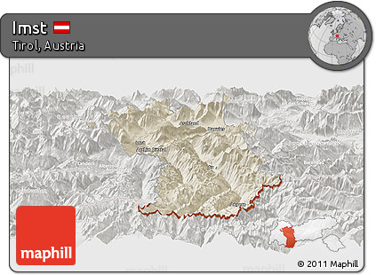 Shaded Relief Panoramic Map of Imst, lighten, semi-desaturated