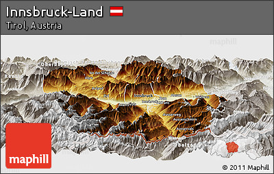 Physical Panoramic Map of Innsbruck-Land, lighten, semi-desaturated