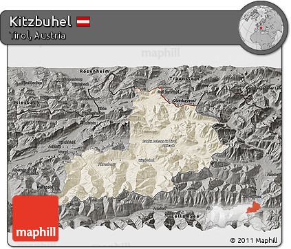 Shaded Relief 3D Map of Kitzbuhel, darken, semi-desaturated