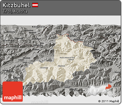 Shaded Relief 3D Map of Kitzbuhel, darken, semi-desaturated