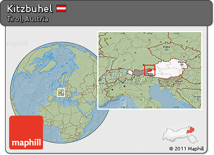Savanna Style Location Map of Kitzbuhel, highlighted country, highlighted parent region, hill shading