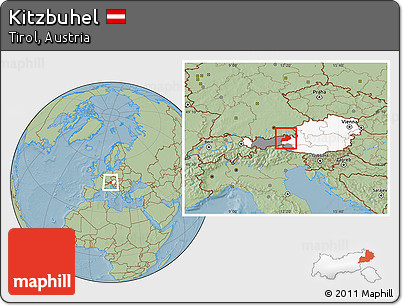 Savanna Style Location Map of Kitzbuhel, highlighted country, highlighted parent region, hill shading