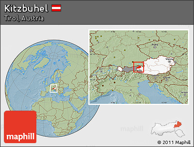 Savanna Style Location Map of Kitzbuhel, highlighted country, highlighted parent region, hill shading