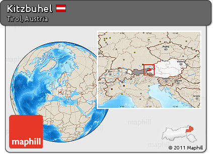 Shaded Relief Location Map of Kitzbuhel, highlighted country, highlighted parent region