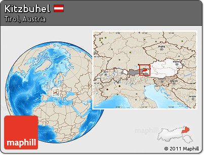 Shaded Relief Location Map of Kitzbuhel, highlighted country, highlighted parent region